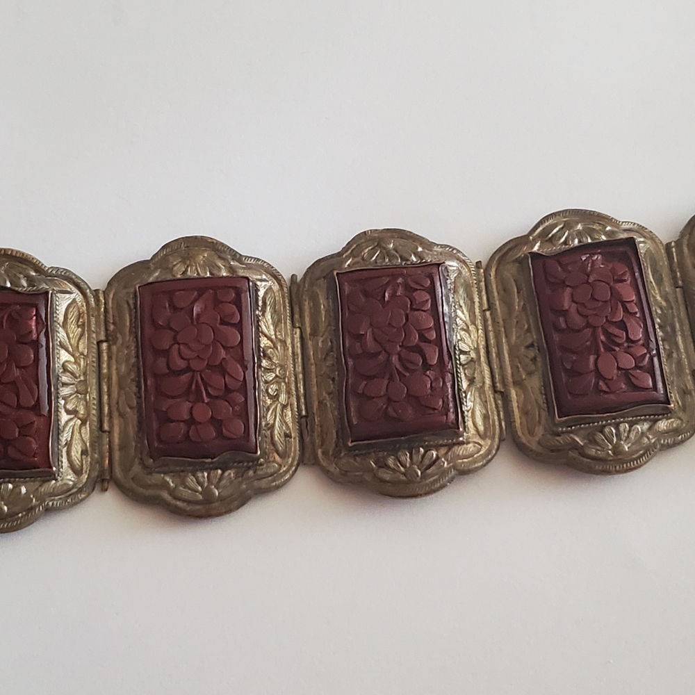 Antique Chinese Cinnabar and Brass Floral Filigree Bracelet 6.5"